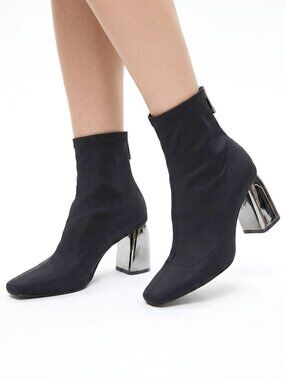 Zara Black Stretch Neoprene Sock Ankle Boots Silver Mirrored Block Heel 38/7.5